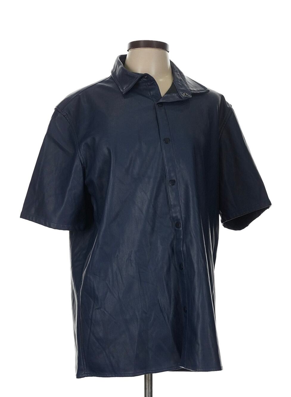 Alfani Navy Blue Short-Sleeve Faux-Leather Button-Down Shirt Sz. L